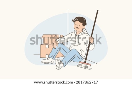 Exhausted Man Sitting on Floor Amidst Stacked Unopened Moving Boxes Holding Broom and Drained Vector