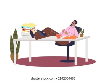 Exhausted man sleeping at workplace in office. Tired male worker suffer from stress, fatigue and overtime work need rest and recreation. Tiredness concept. Cartoon flat vector illustration