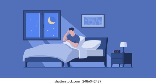 Exhausted man suffering from insomnia, he is awake and lying in bed late at night