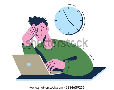 Exhausted man tired sitting at her workplace. Concept of emotional burnout, stress, tiredness, mental health problems.