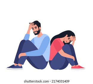 Exhausted man and woman sitting on the floor, hugging their knees. Tired couple. Young people needs psychological help. Vector illustration