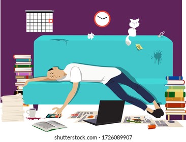 Exhausted man working from home lying on a couch with business tools, electronic devices and books, EPS8 vector illustration