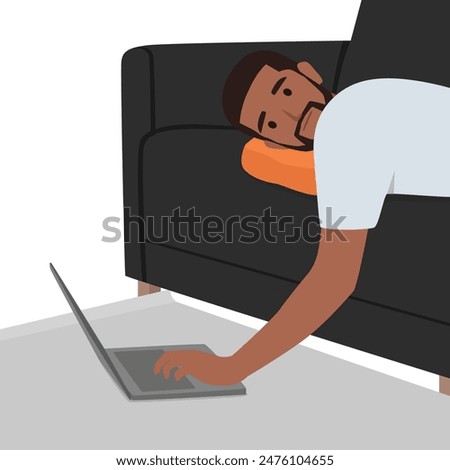 Exhausted man working from home lying on a couch with laptop. Flat vector illustration isolated on white background