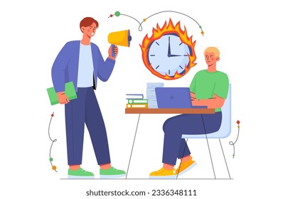 El concepto de hombre agotado en el lugar de trabajo. Gestión del tiempo y fijación de plazos. Organización ineficiente del flujo de trabajo. Joven cerca del reloj en llamas. Los empleados se apuran. Dibujo vectorial plano de dibujos animados