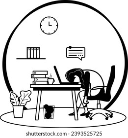 Exhausted Manager at Work Sitting at Table with Head Down concept, Depleted Leadership vector icon design, White Collar Fatigue symbol Sedentary lifestyle sign office syndrome scene stock illustration