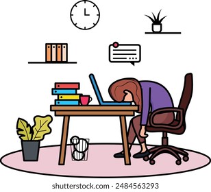 Exhausted Manager at Work Sitting at Table with Head Down concept, Depleted Leadership vector color design, frelancer life symbol work from home sign self serving behaviors stock illustration