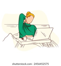Exhausted mature woman sitting on sofa and working on laptop in home interior, experiencing pain in neck, working long hours. Vector flat illustration
