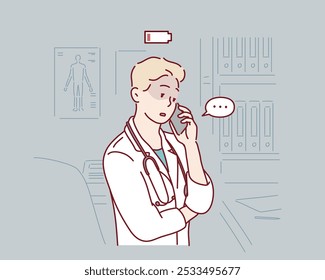 Médico agotado que sufre de agotamiento y se siente cansado mientras hace una llamada telefónica. Ilustraciones de diseño de Vector de estilo dibujado a mano.