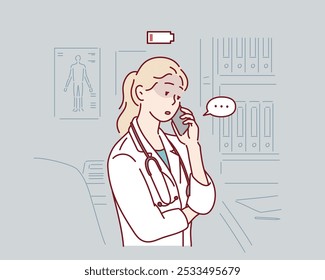 Médico agotado que sufre de agotamiento y se siente cansado mientras hace una llamada telefónica. Ilustraciones de diseño de Vector de estilo dibujado a mano.