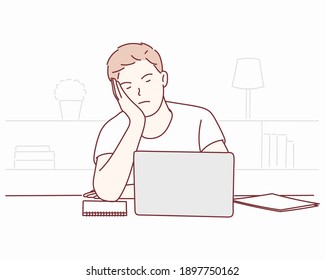 Exhausted millennial male hold head with hand sitting at office table falling an asleep. Hand drawn style vector design illustrations.