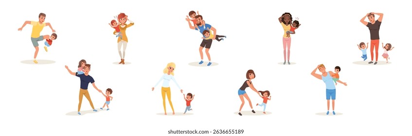 Exhausted Mom and Dad with Hyperactive Child Claiming Attention Vector Set