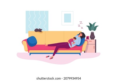 Exhausted mom. Parental stress, tired mother sleep with baby in sofa,vector illustration isolated on white background