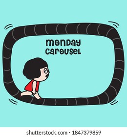 Exhausted Girl’s Monday Walking On An Infinite Loop In Endless Airport Flat Passenger Baggage Arrival Carousel Concept Card Character illustration