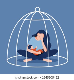 Exhausted mother and baby in cell. Postnatal depression. Postpartum depression. Vector illustration in flat style.