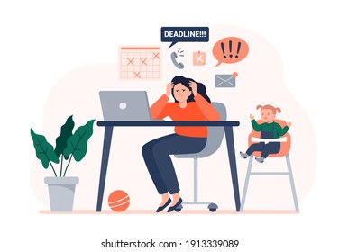 Exhausted mother works at home with crying child. Tiredness at work, working at home, telework, freelance. Vector flat illustration.