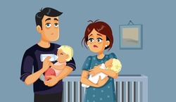
Exhausted New Parents Taking Care Of Newborn Twin Babies Vector Cartoon. Young Couple Struggling With Parenthood Issues And Lack Of Sleep
