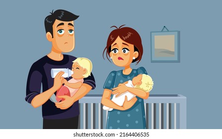 
Exhausted New Parents Taking Care Of Newborn Twin Babies Vector Cartoon. Young Couple Struggling With Parenthood Issues And Lack Of Sleep
