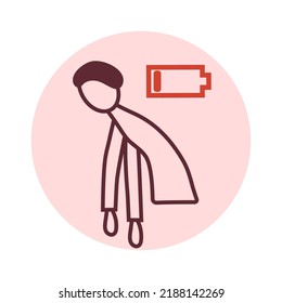 Exhausted, no energy icon. Linear pictogram of chronic tired man, exhausted person, male character feeling weak, low battery energy state. 