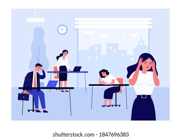 Exhausted office employees at work. Desk, morning, headache flat vector illustration. Stress and occupation concept for banner, website design or landing web page