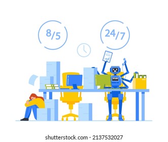 Exhausted Office Worker against Artificial Intelligence Robot Working. Anxious Female Character Sitting on Floor with Document Piles around, Robot Multitasking. Cartoon People Vector Illustration