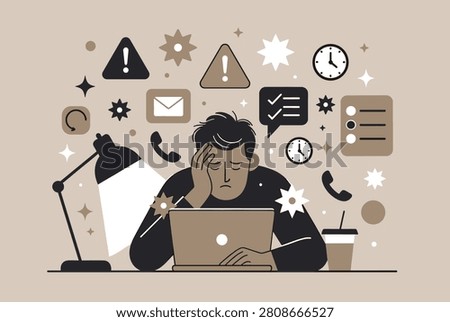 Exhausted office worker holding head in frustration suffers from digital information overload and burnout.