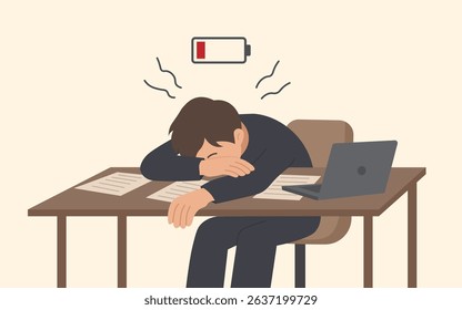 Exhausted Office Worker with Low Energy at Desk, Vector Flat Illustration