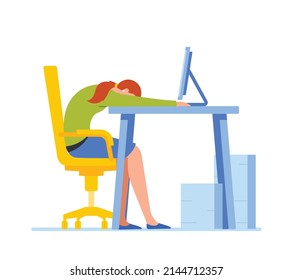 Exhausted Office Worker Professional Burnout, Overwork Tiredness, Fatigue and Depression Symptom Concept. Tired Overload Businesswoman Sleeping on Office Desk. Cartoon Vector Illustration