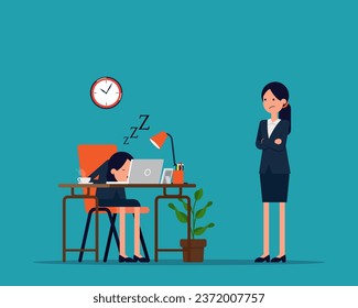 Exhausted office worker sleeping behind his desk while angry director is standing next. Vector creative flat design

