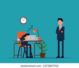 Exhausted office worker sleeping behind his desk while angry director is standing next. Vector creative flat design

