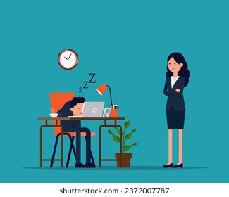 Exhausted office worker sleeping behind his desk while angry director is standing next. Vector creative flat design

