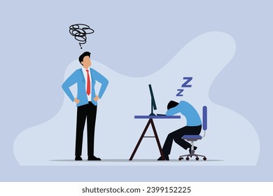 Exhausted office worker sleeping behind his desk while angry boss is standing next to him