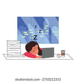 Oficinista agotado durmiendo en el escritorio con el ordenador portátil papeles desordenados y café