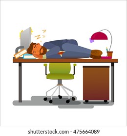 Exhausted office worker sleeping on his work Desk.Flat design modern vector illustration.
