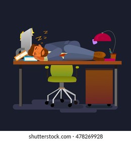 Exhausted office worker sleeping on his work Desk.Flat design modern vector illustration.