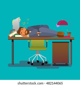Exhausted office worker sleeping on his work Desk.Flat design modern vector illustration.