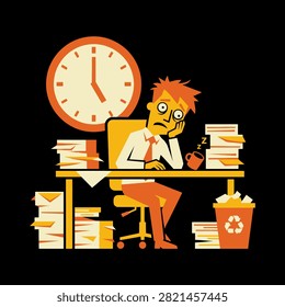 An exhausted office worker struggles with a massive paper workload