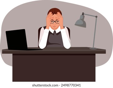 
Exhausted Office Worker Suffering from Migraines Vector Illustration. Stressed businesswoman feeling sick and tired 
