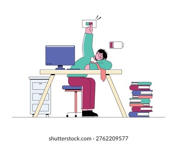 An exhausted office worker is trying to switch off the lights due to fatigue and a lack of energy. Character design. Vector flat illustration