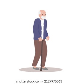 Exhausted old man walking with a cane isolated on white background. An elderly man. Vector illustration