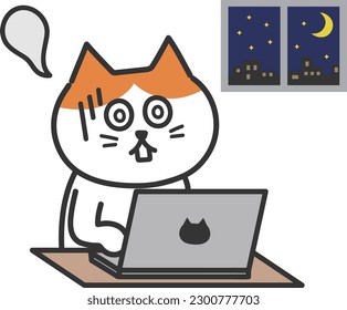 Exhausted orange tabby cat using a computer for a long time, vector illustration.