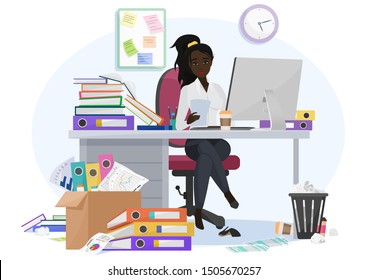 Exhausted overwhelmed by work african american black young female employee stays late at work in the office. Tired by workload woman with a lot of paperwork, additional tasks vector illustration