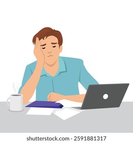 Exhausted and Overwhelmed at Work. Sits at a desk with a laptop, papers, and a coffee cup. Flat vector illustration isolated on white background