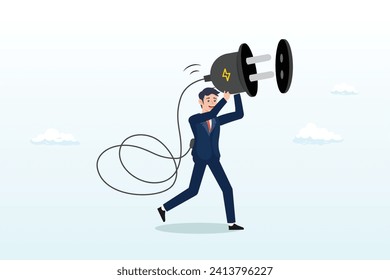 Exhausted overworked businessman plug electric to recharge energy, recharge yourself, refresh or recover after tried, exhausted or burn out, charge full energy or supply motivation (Vector)