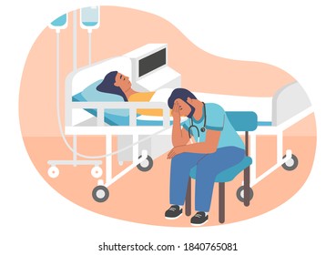 Exhausted overworked doctor or intern sitting on chair in hospital ward next to patient lying on gurney, flat vector illustration. Tired sleepy medical worker. Work burnout, despair.