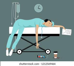Exhausted overworked female doctor or intern lying on a gurney, her son is calling her on a smartphone, EPS 8 vector illustration