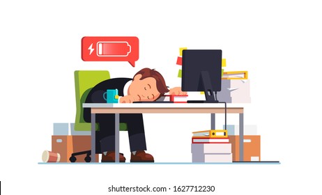 Exhausted overworked sad frustrated worker fell asleep at workplace desk with computer. Man emptied his battery charge due to work burnout. Flat vector character concept illustration