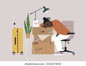 Exhausted from packing up the home in the late evening, a tired individual leans on moving boxes, surrounded by luggage and a playful cat ready for a new beginning