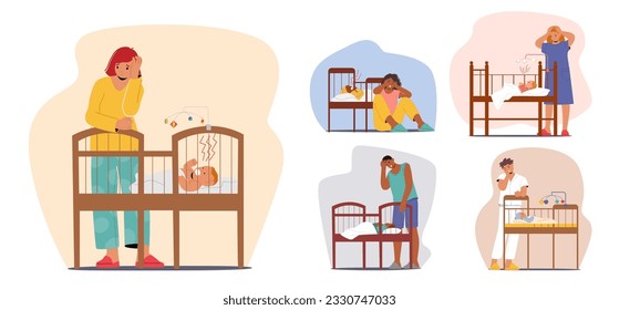 Exhausted Parents Characters Experiencing Postpartum Depression, Struggling With Emotional Challenges After Childbirth, Seeking Support During This Difficult Time. Cartoon People Vector Illustration