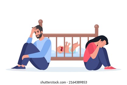 Exhausted parents at the crib with crying baby. Sad woman sitting on the floor, crying and hugging her knees. Tired father with headache. Young parents needs psychological help. Vector illustration