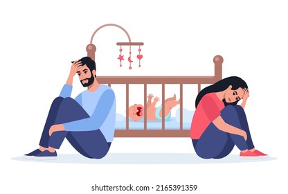 Exhausted parents at the crib with crying baby. Sad woman sitting on the floor, crying and hugging her knees. Tired father with headache. Young parents needs psychological help. Vector illustration